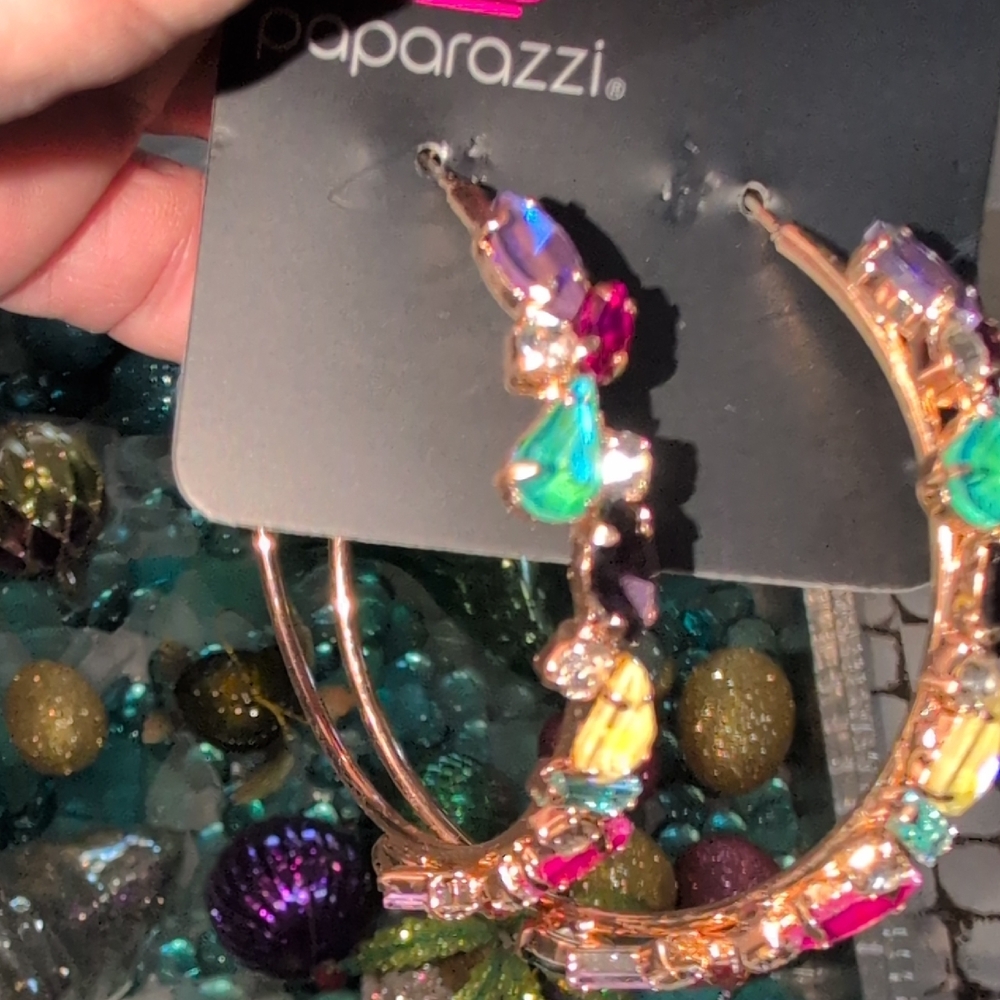 Paparazzi Gold Hoop Earrings with Multicolor Gem Accents